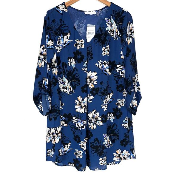 NWT Nordstrom Lush Blue Teal Floral Carly Shift Mini 3/4 Sleeve Dress Size Large - Picture 1 of 14